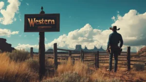 A cowboy stands facing desert mountains, next to a sign reading Western, under a clear blue sky.