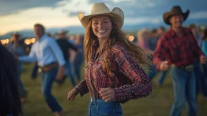 Young woman in a cowboy hat joyfully dancing at an outdoor country festival.