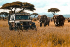 A safari jeep observing elephants in a grassy African savannah.
